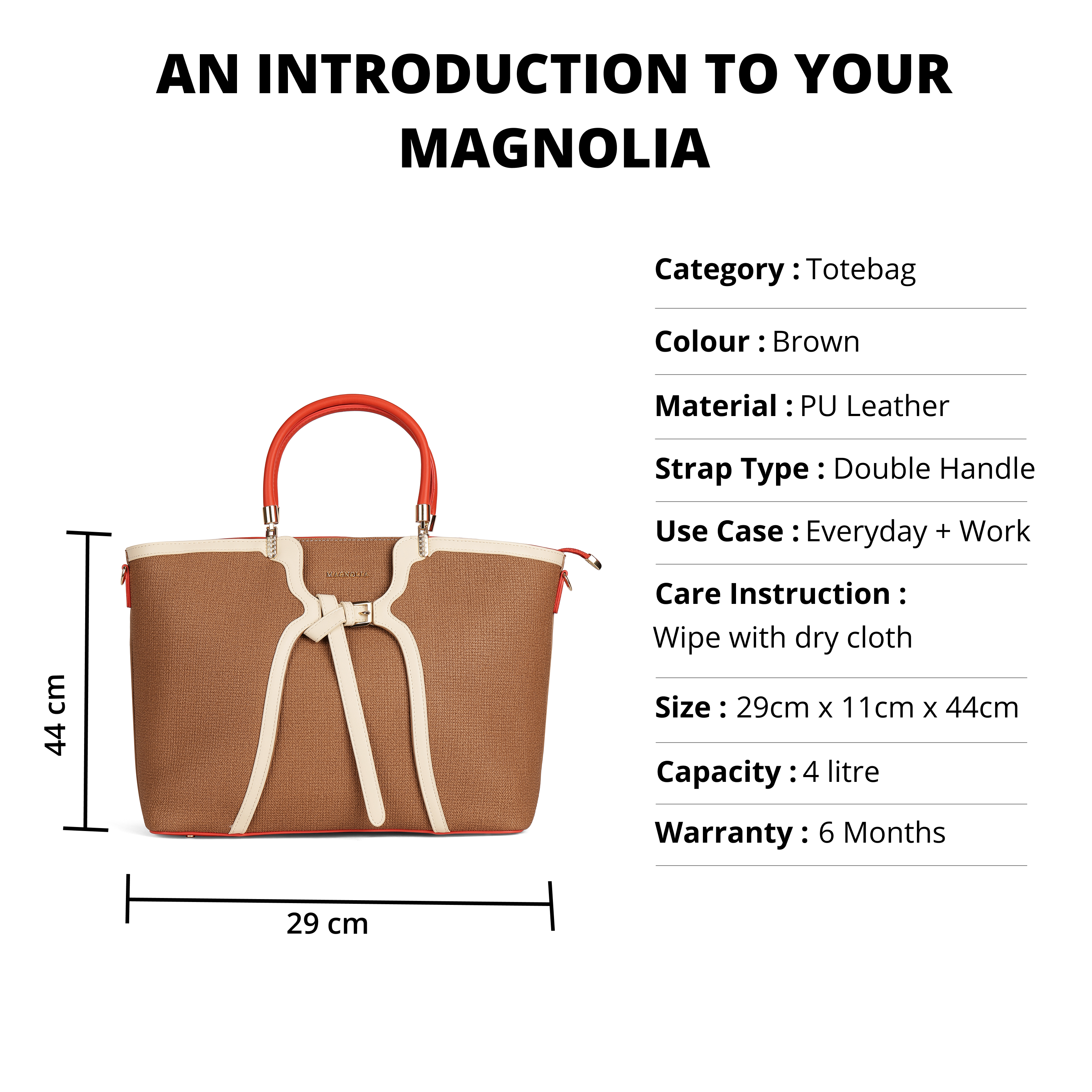 Magnolia PU Leather Women Brown Tote Bag