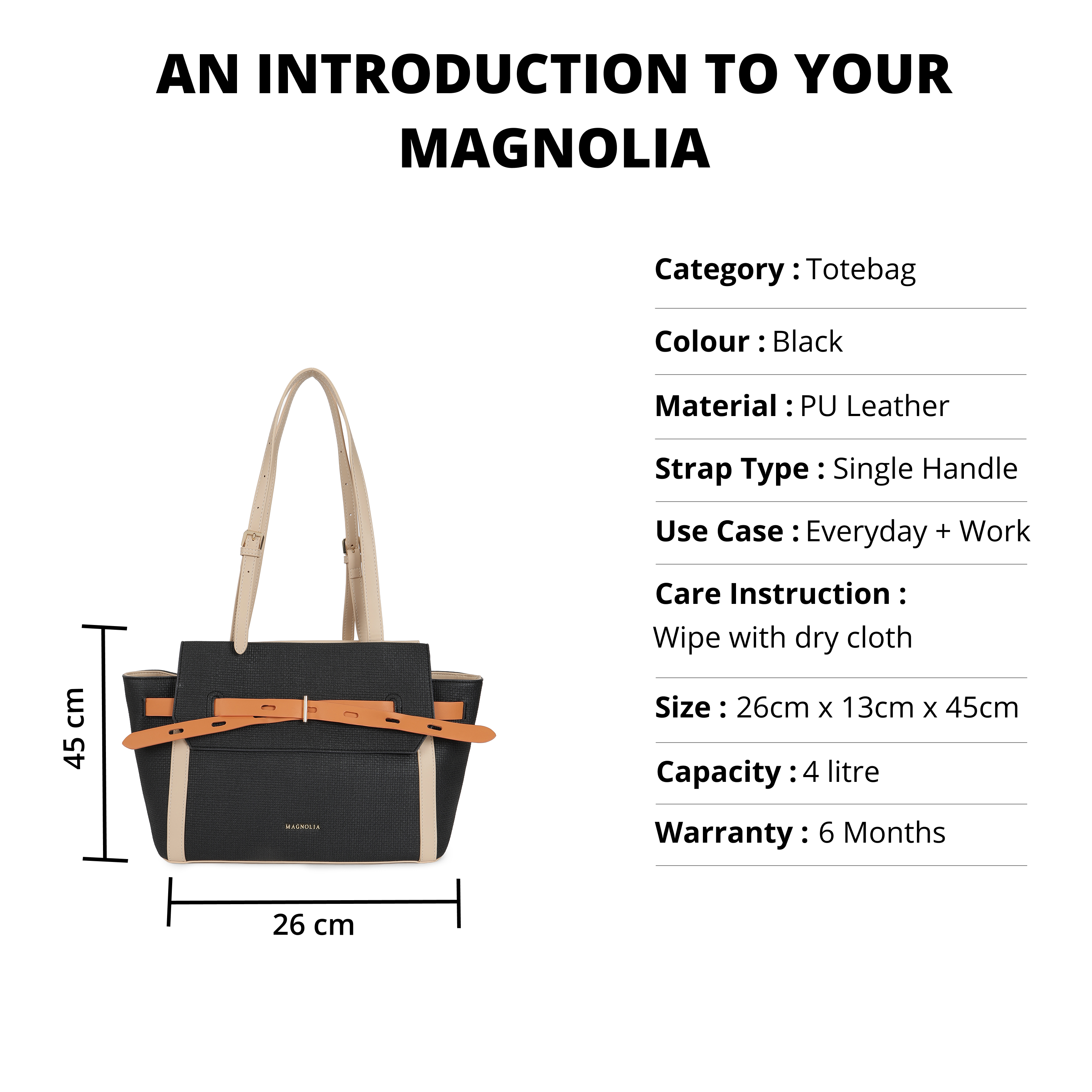 Magnolia PU Leather Women Black Tote Bag
