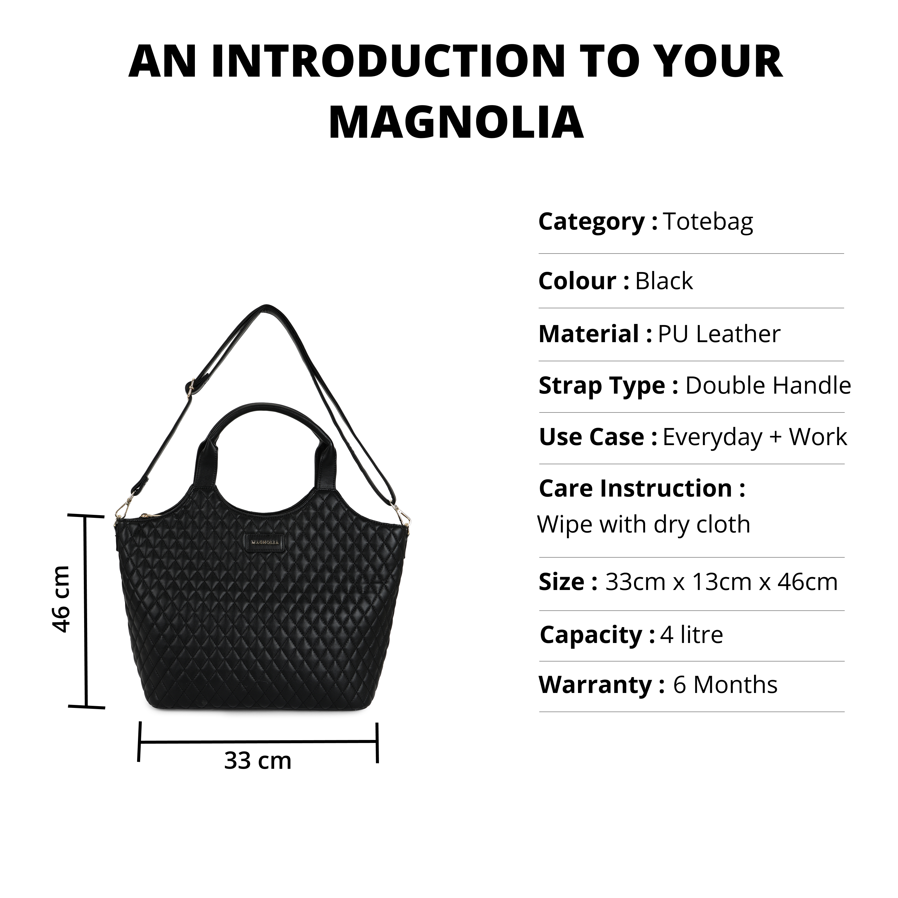 Magnolia PU Leather Women Black Tote Bag