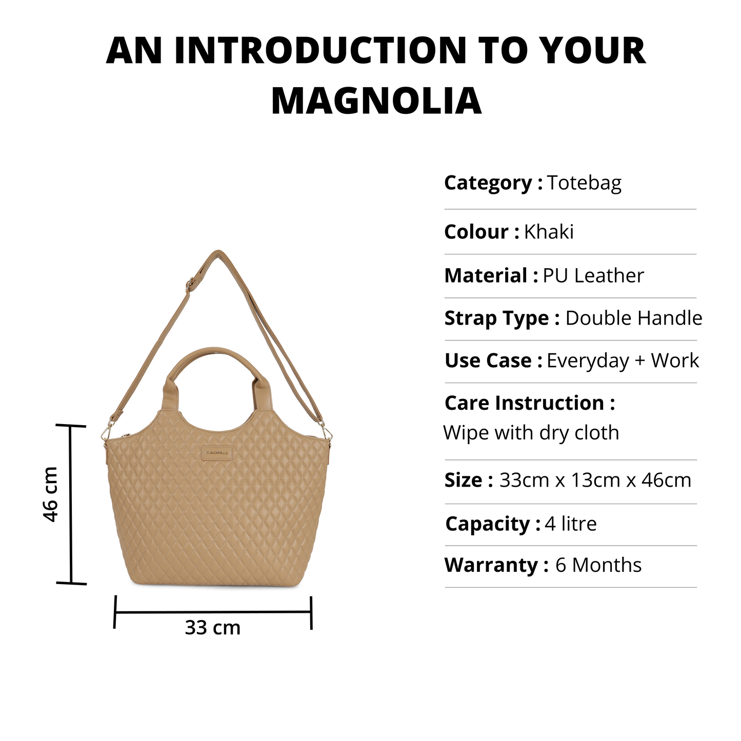 Magnolia PU Leather Women Khaki Tote Bag