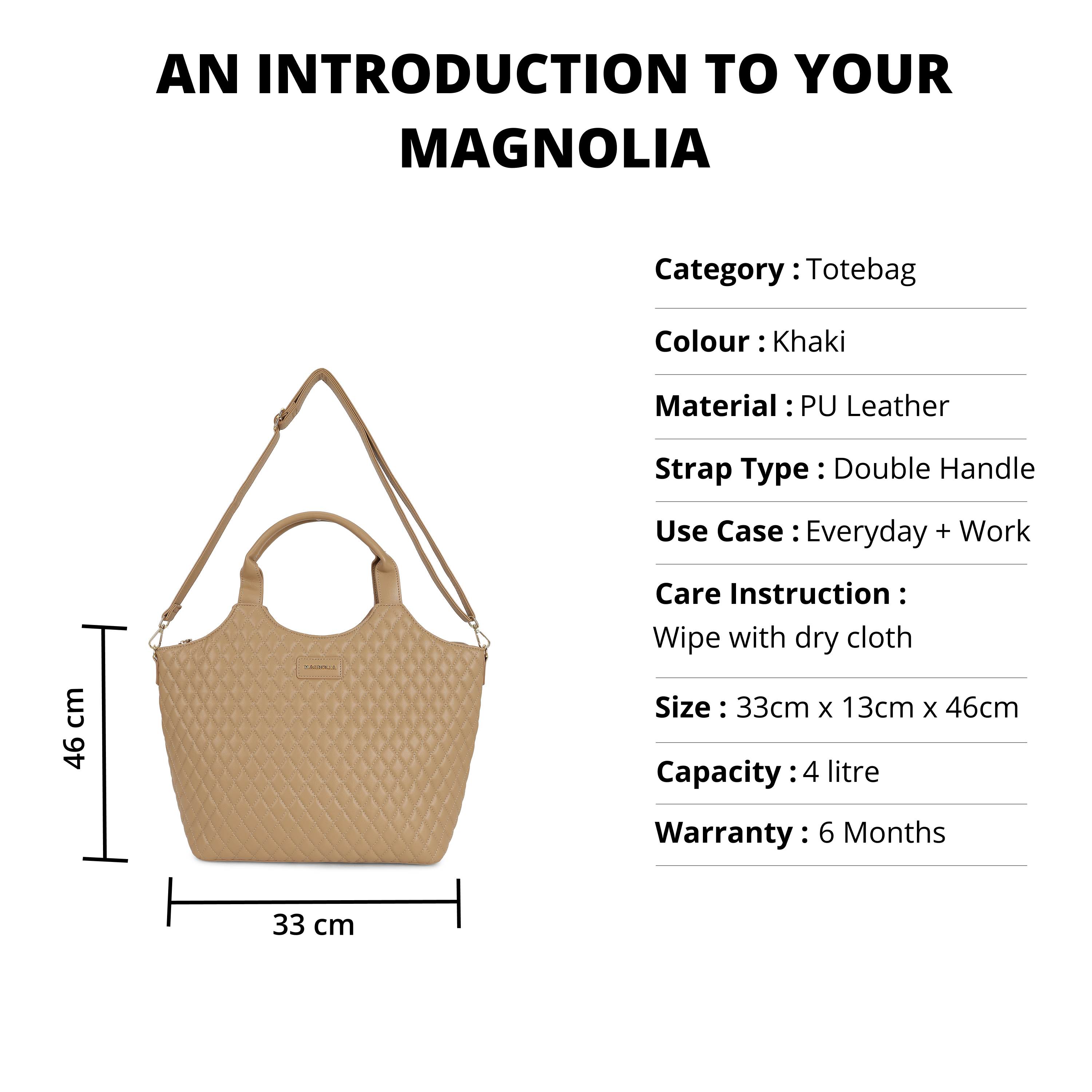 Magnolia PU Leather Women Khaki Tote Bag