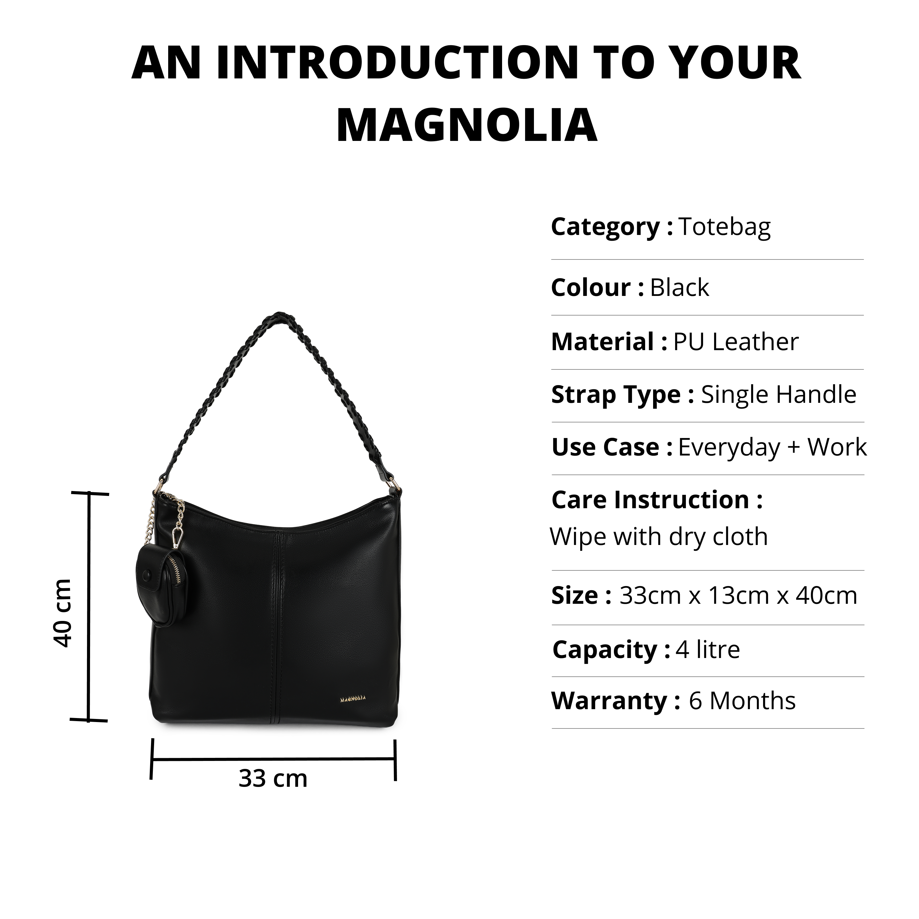 Magnolia PU Leather Women Black Tote Bag