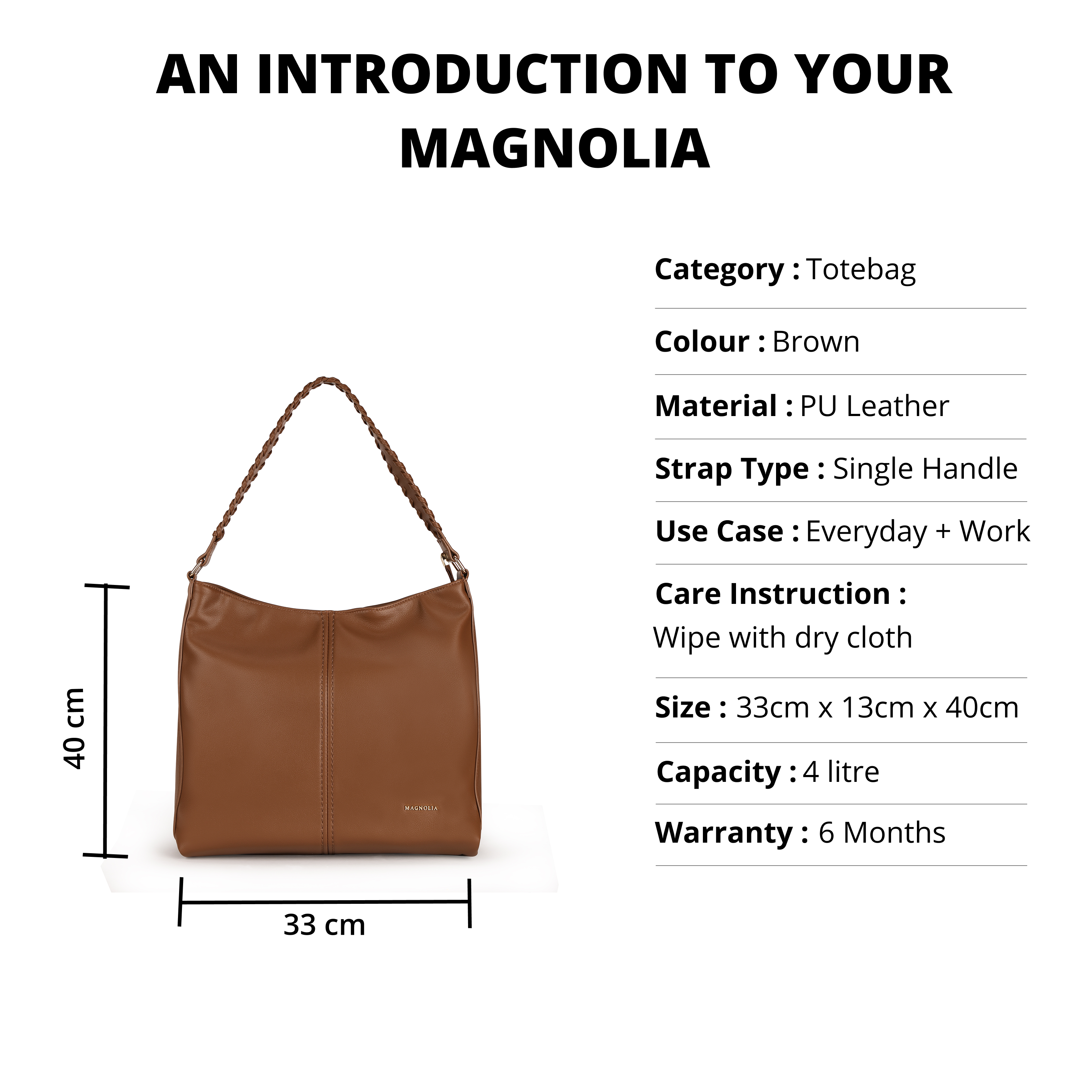 Magnolia PU Leather Women Brown Tote Bag