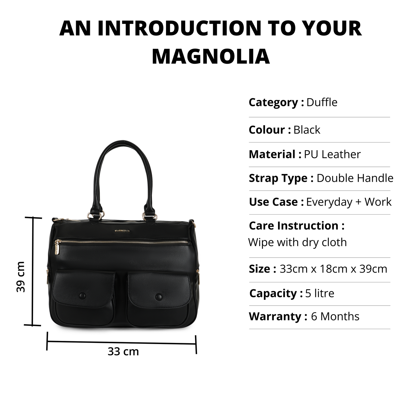 Magnolia PU Leather  Black Duffle Bag