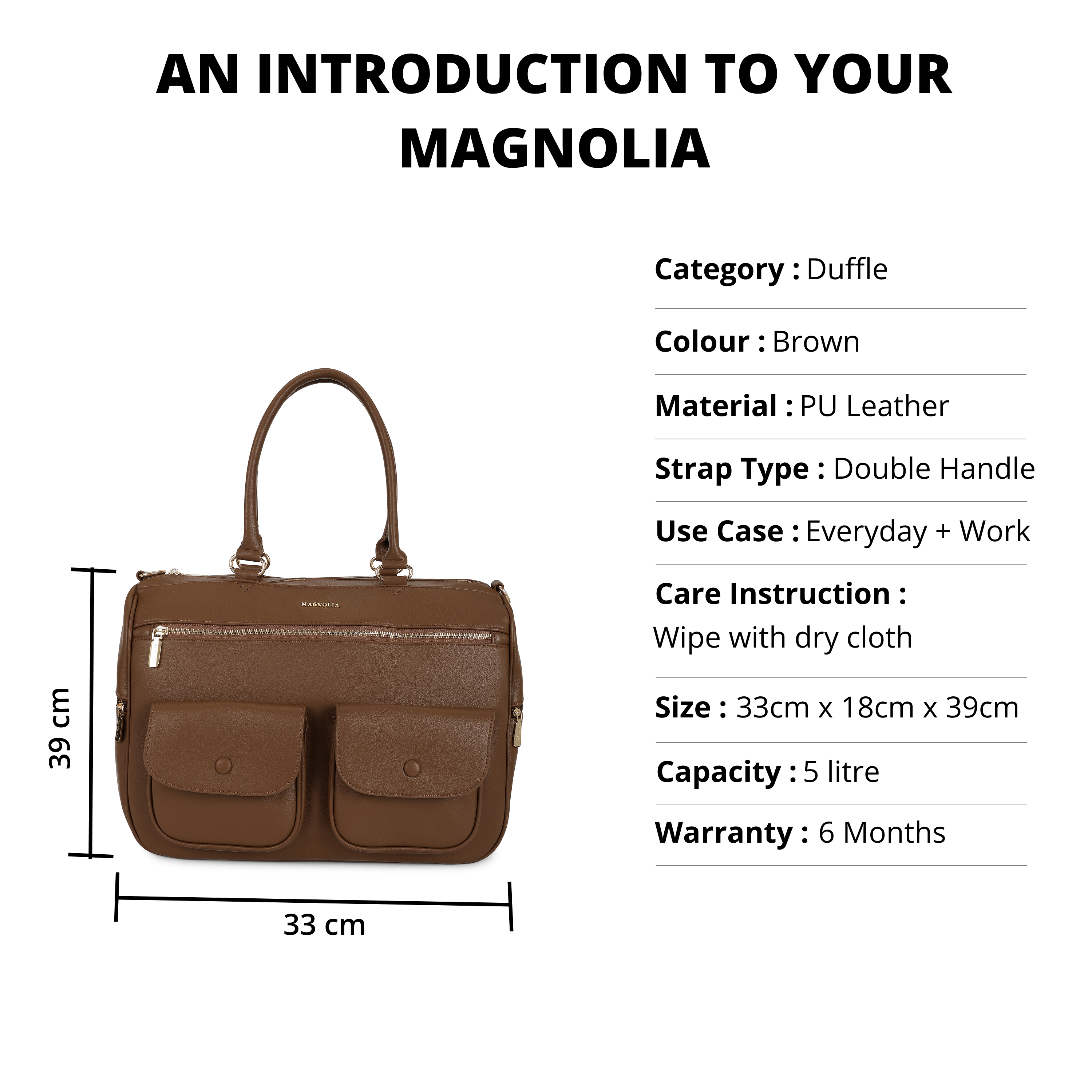 Magnolia PU Leather  Brown Duffle Bag