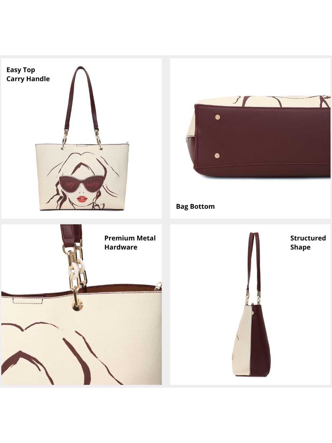 Magnolia Women Beige & Wine Printed Tote Bag