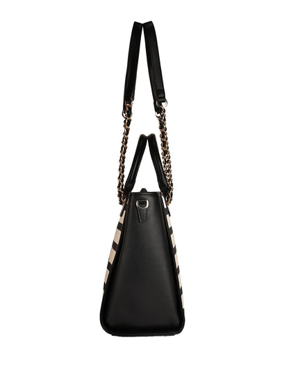 Magnolia PU Leather Women Striped Black Tote Bag
