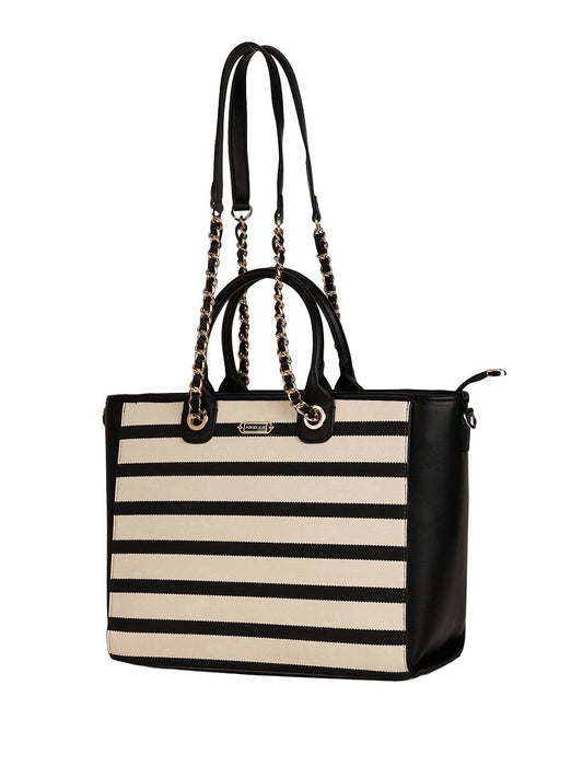 Magnolia PU Leather Women Striped Black Tote Bag