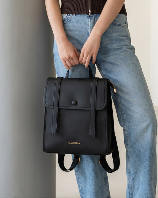Magnolia Black Vegan Leather Backpack for Women | 10.5L Stylish Casual Daypack with Long Strap