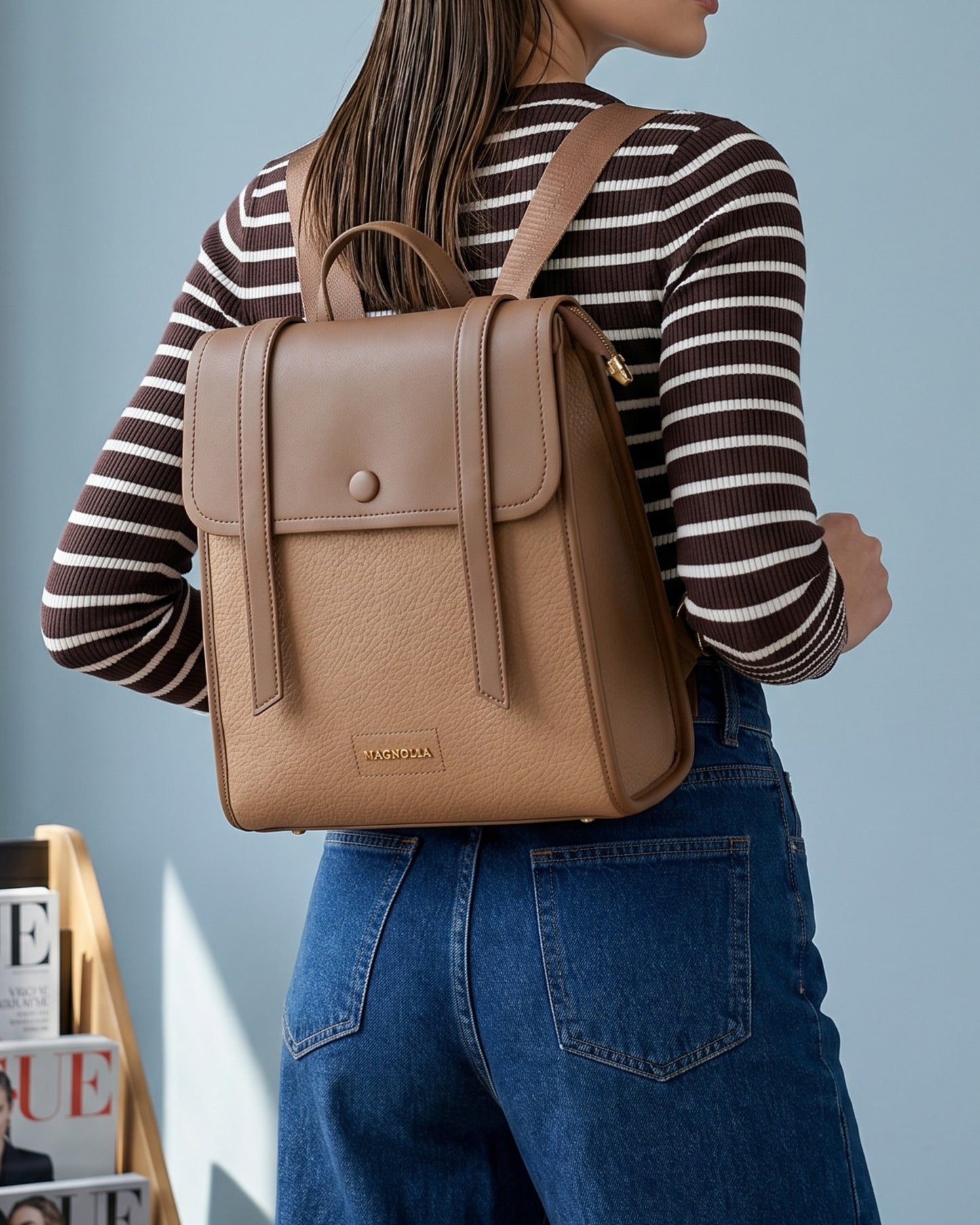 Magnolia Tan Vegan Leather Backpack for Women | 10.5L Stylish Casual Daypack with Long Strap