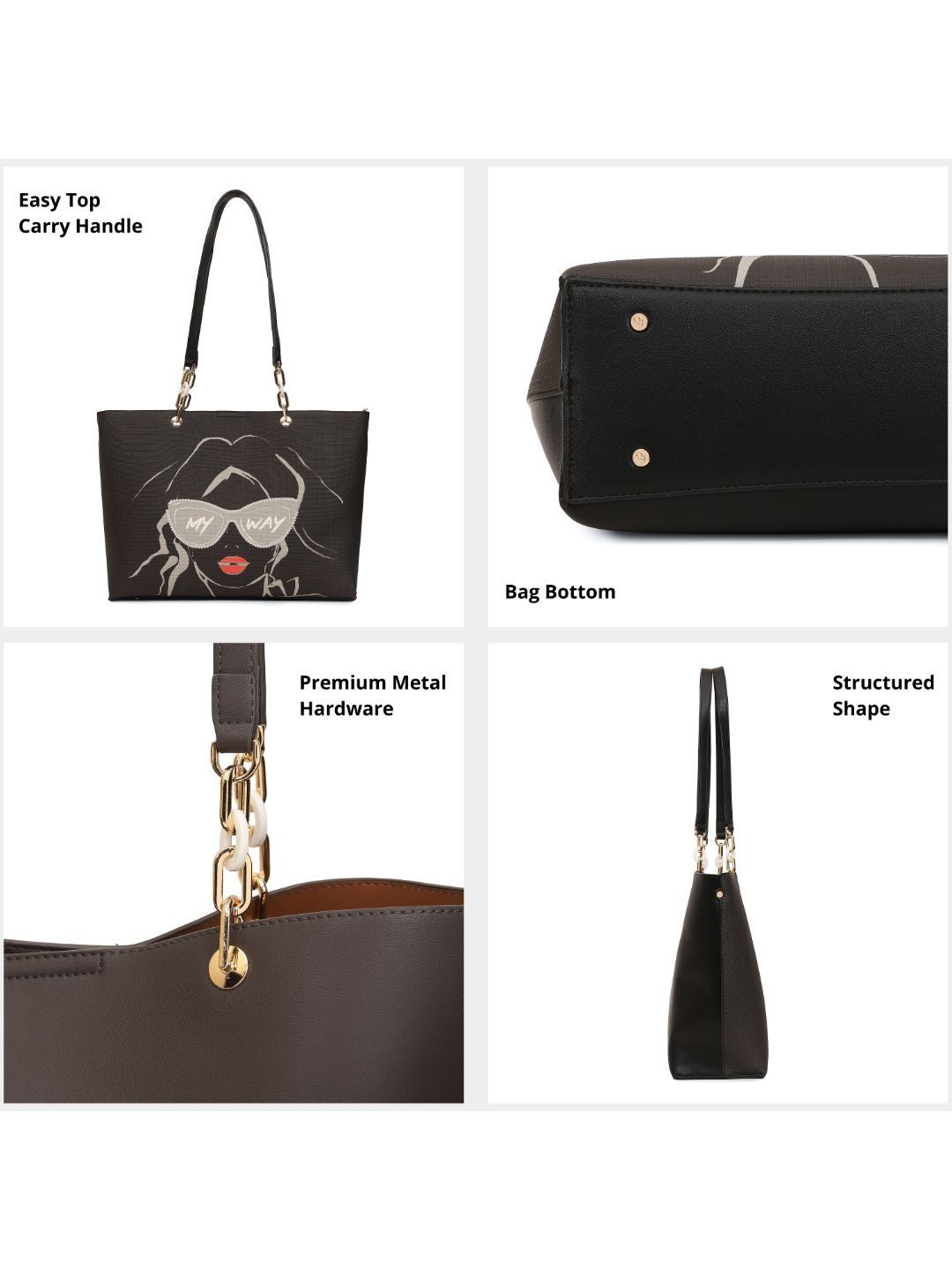 Magnolia Black PU Leather Printed One Size Women Tote