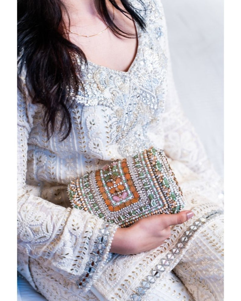 Pastel Suede Embellished Clutch