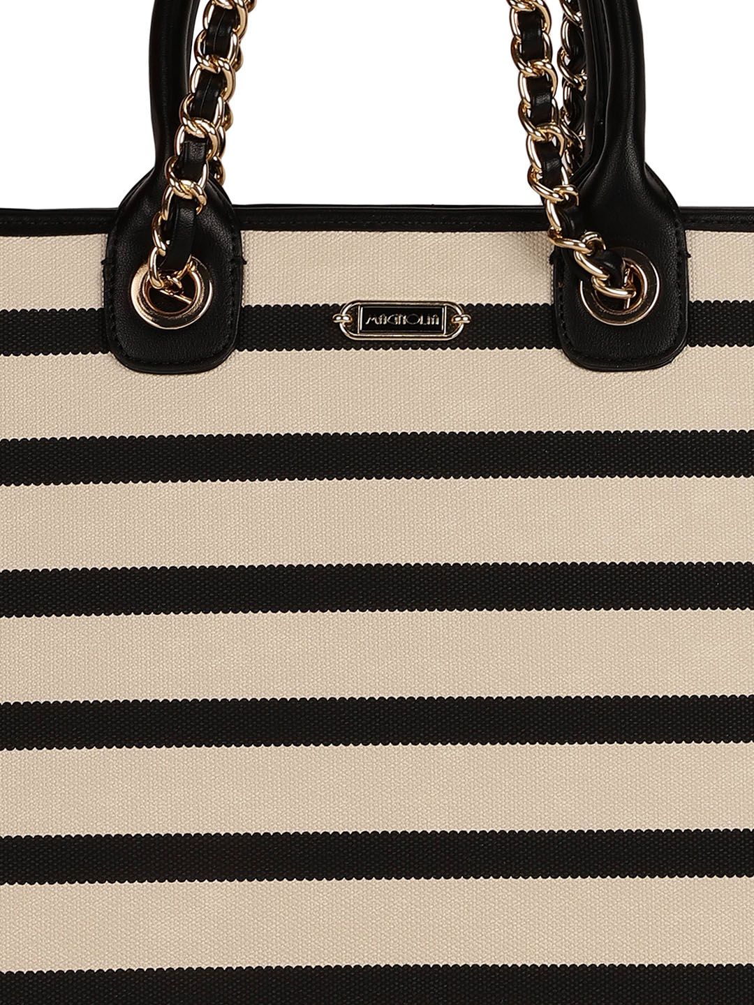Magnolia PU Leather Women Striped Black Tote Bag
