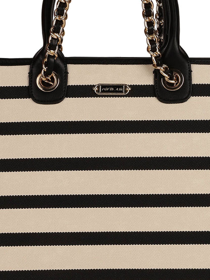 Magnolia PU Leather Women Striped Black Tote Bag