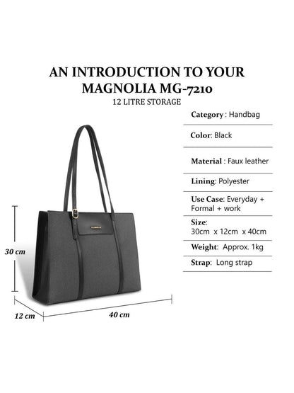 Magnolia Structured Black Tote Bag for Women | PU Leather & Fabric Combo | 12L Work & Everyday Handbag