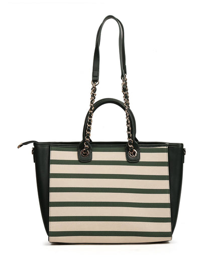 Magnolia PU Leather Women Striped Green Tote Bag