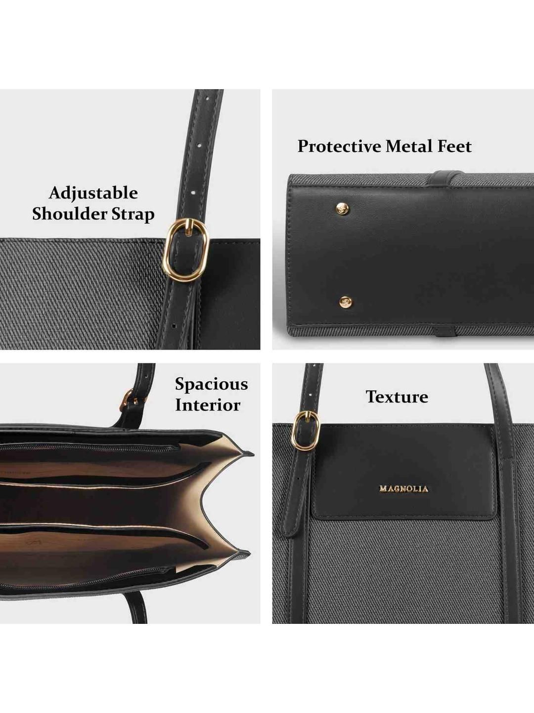 Magnolia Structured Black Tote Bag for Women | PU Leather & Fabric Combo | 12L Work & Everyday Handbag