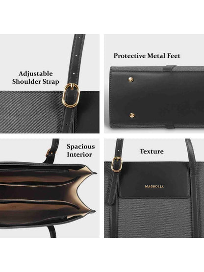 Magnolia Structured Black Tote Bag for Women | PU Leather & Fabric Combo | 12L Work & Everyday Handbag