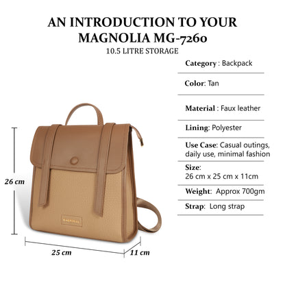 Magnolia Tan Vegan Leather Backpack for Women | 10.5L Stylish Casual Daypack with Long Strap