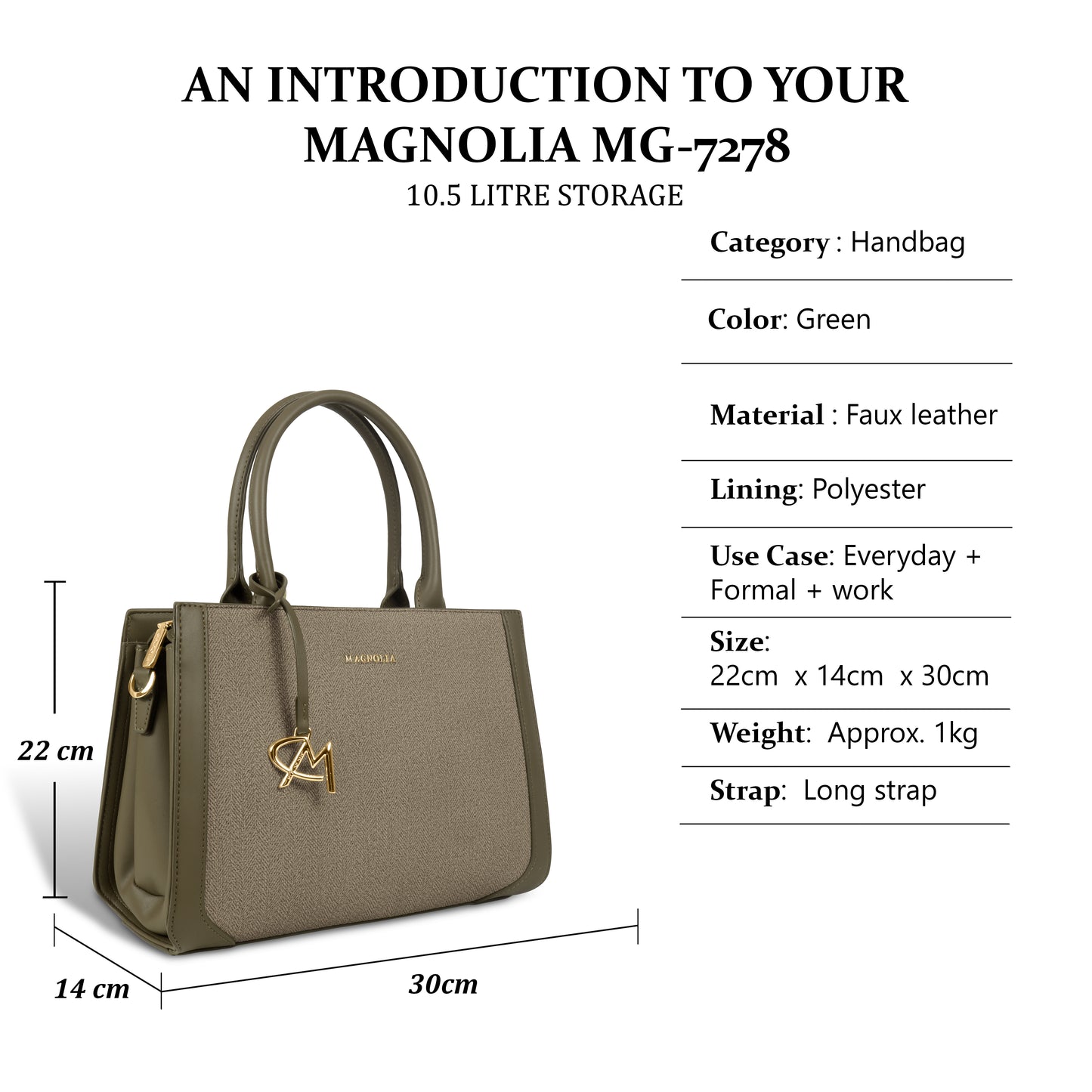 Magnolia Structured PU Leather Handbag for Women | 10.5L Stylish Office & Everyday Bag with Long Strap