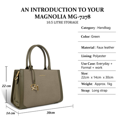 Magnolia Structured PU Leather Handbag for Women | 10.5L Stylish Office & Everyday Bag with Long Strap
