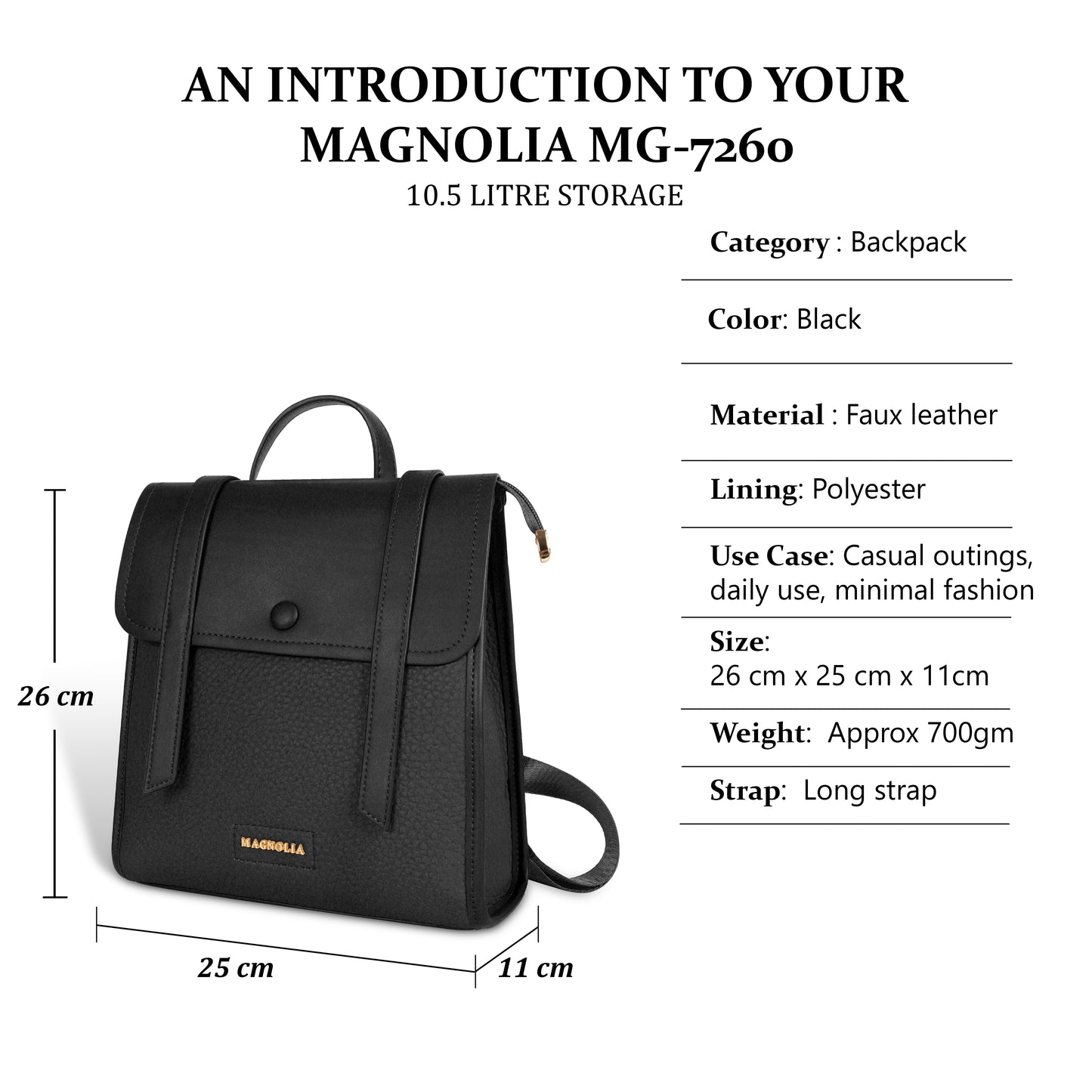 Magnolia Black Vegan Leather Backpack for Women | 10.5L Stylish Casual Daypack with Long Strap