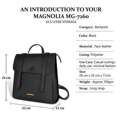 Magnolia Black Vegan Leather Backpack for Women | 10.5L Stylish Casual Daypack with Long Strap