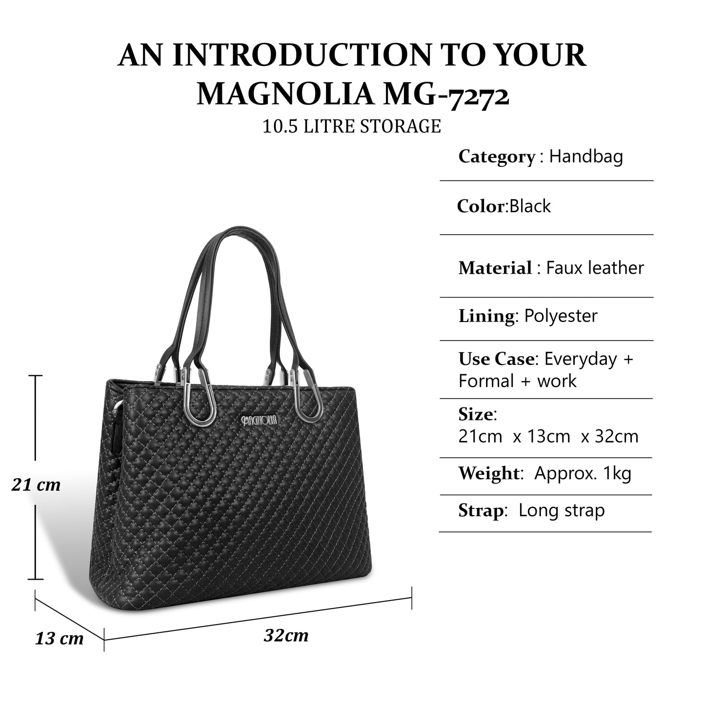 Magnolia Quilted Faux Leather Handbag for Women | 10.5L Elegant Everyday & Office Shoulder Bag