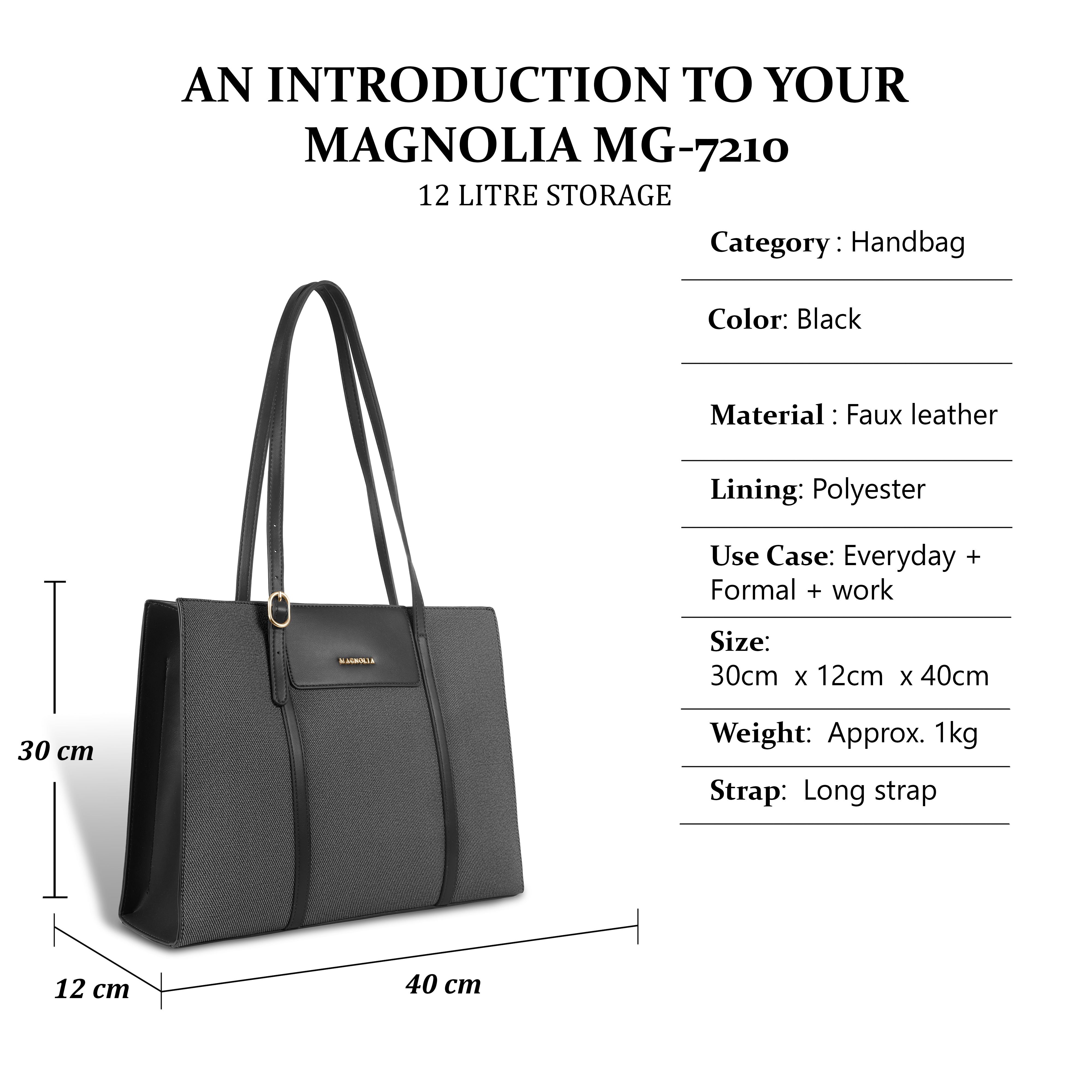 Magnolia Structured Black Tote Bag for Women | PU Leather & Fabric Combo | 12L Work & Everyday Handbag