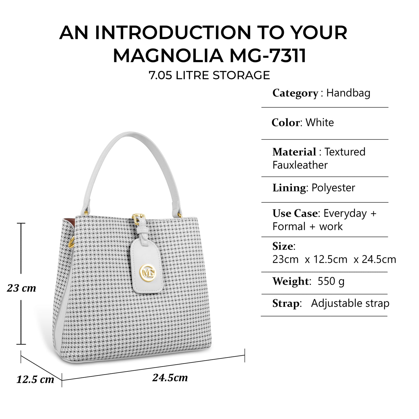 Magnolia Premium Textured Handbag for Women with Detachable Sling Strap