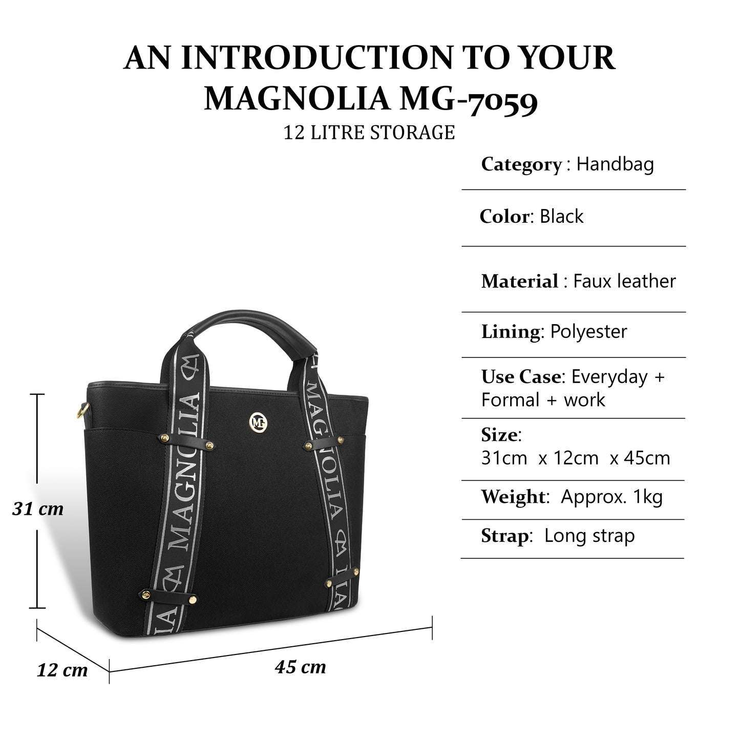Magnolia® Vegan Leather Black Handbag – 15L Spacious Tote for Everyday & Work Use
