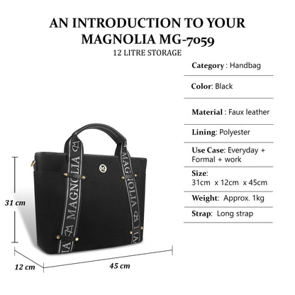 Magnolia® Vegan Leather Black Handbag – 15L Spacious Tote for Everyday & Work Use