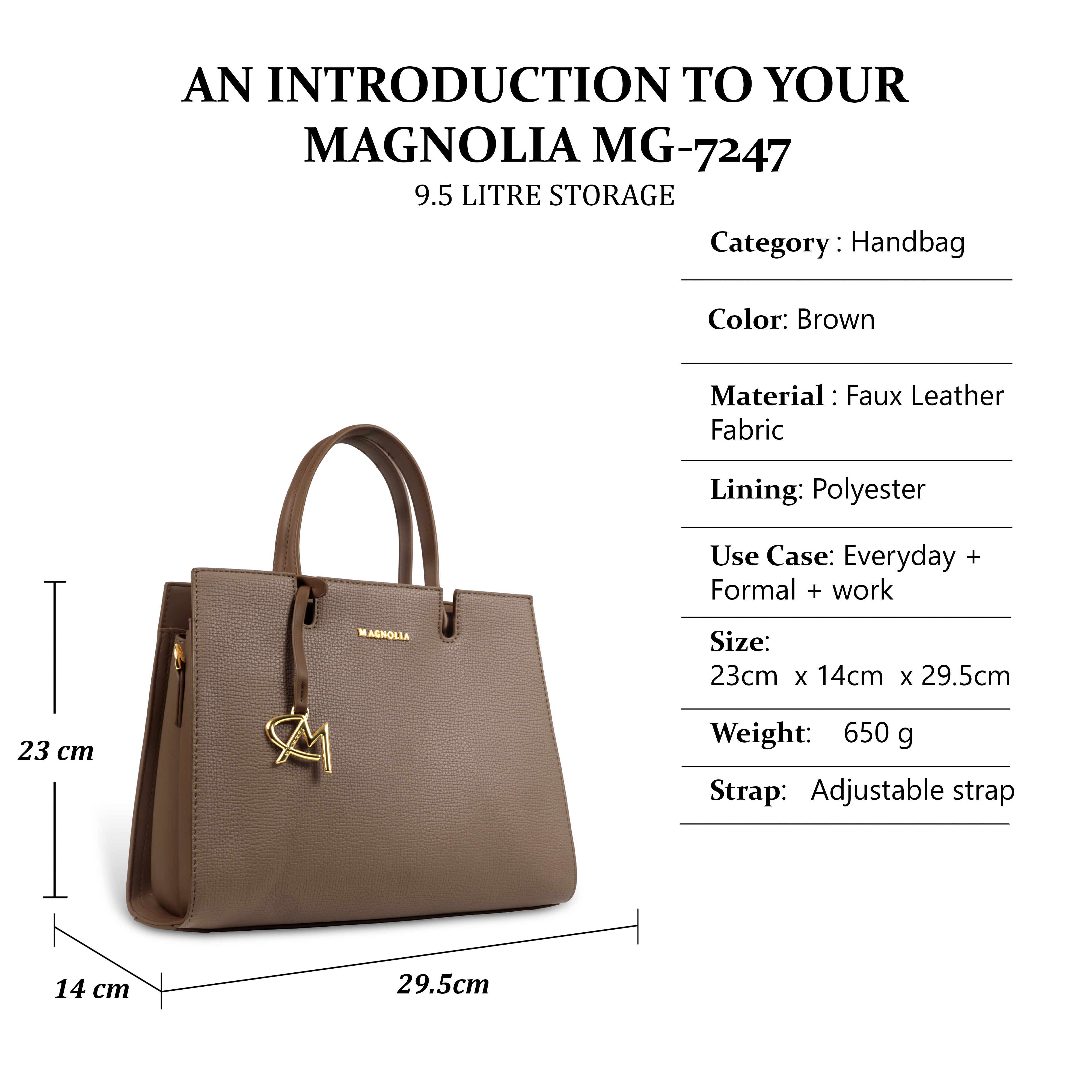 Magnolia Women’s Handbag – 9.5L Spacious Faux Leather Tote in Brown