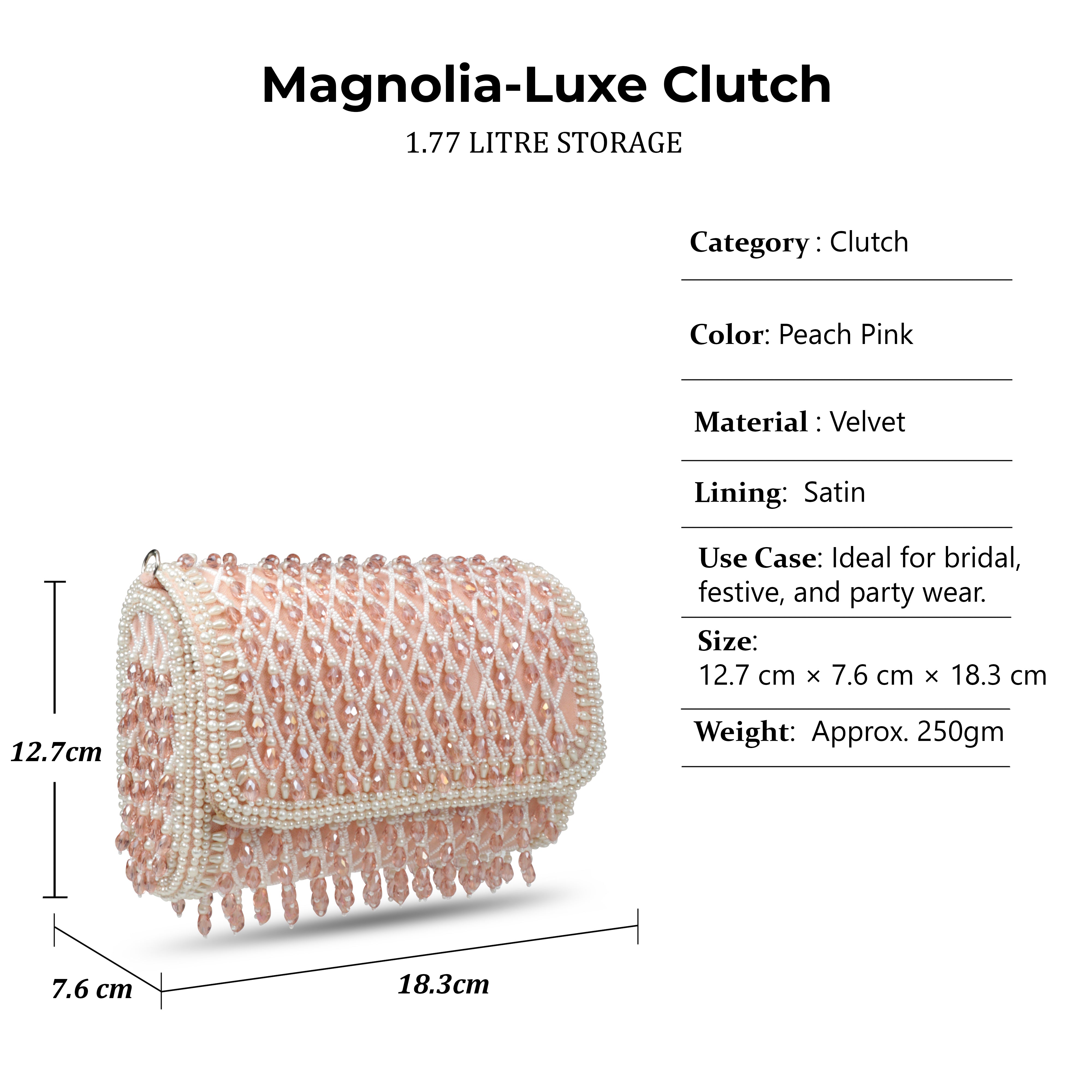 Magnolia Luxe Peach Pink Velvet Bridal & Party Clutch – Handcrafted Beaded Design, Detachable Handle, Spacious Interior