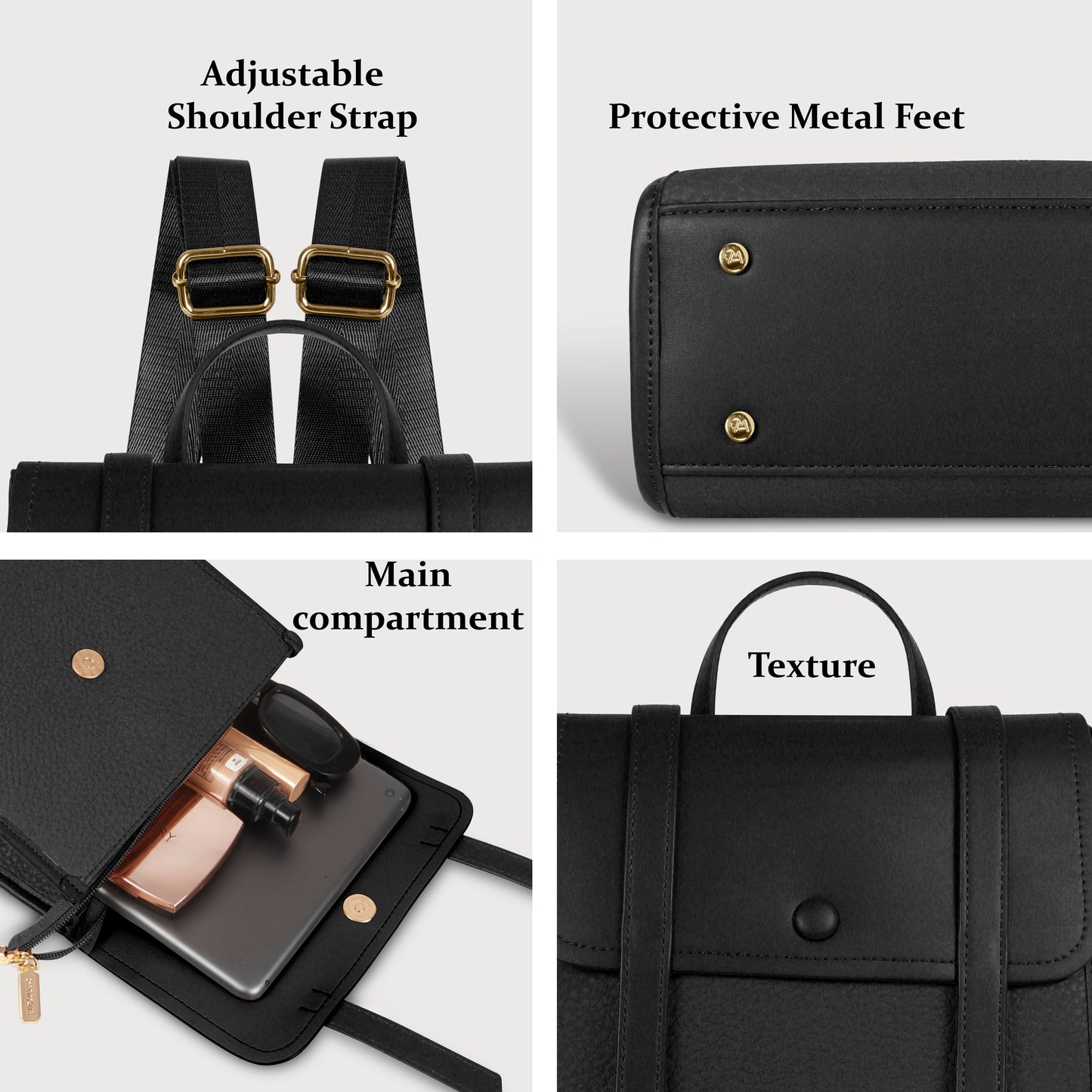 Magnolia Black Vegan Leather Backpack for Women | 10.5L Stylish Casual Daypack with Long Strap