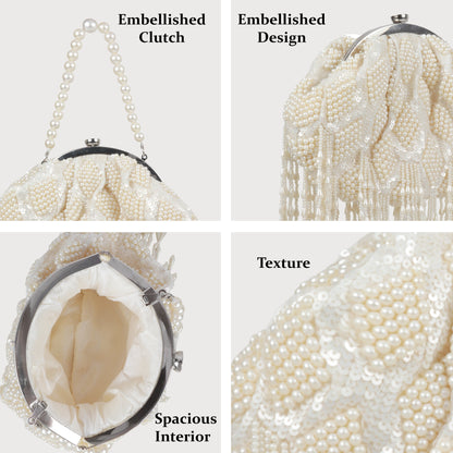 Magnolia Off White Velvet Embellished Women Clutch