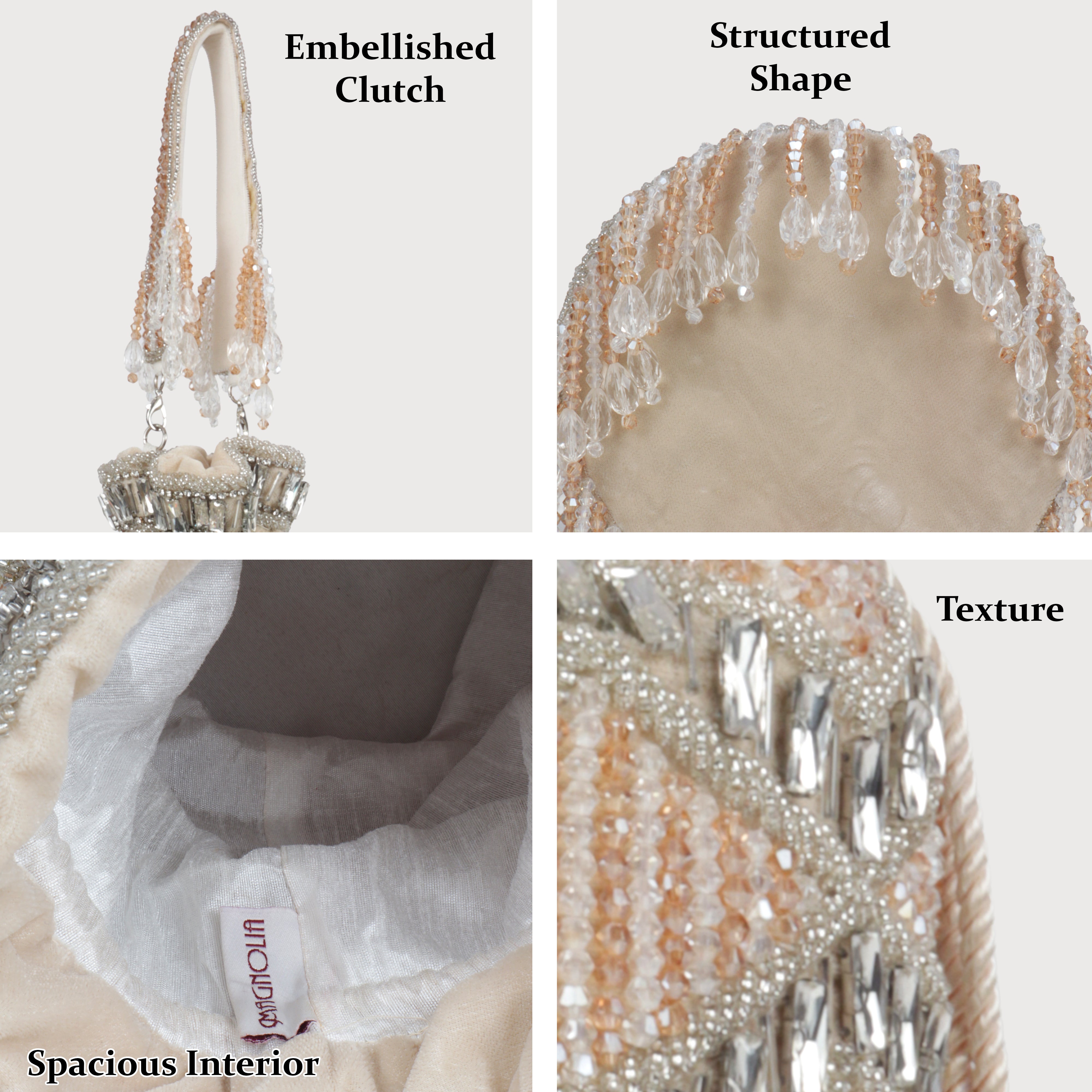 Magnolia Velvet Embroidered Potli Bag – Peach Gold with Silver Embroidery