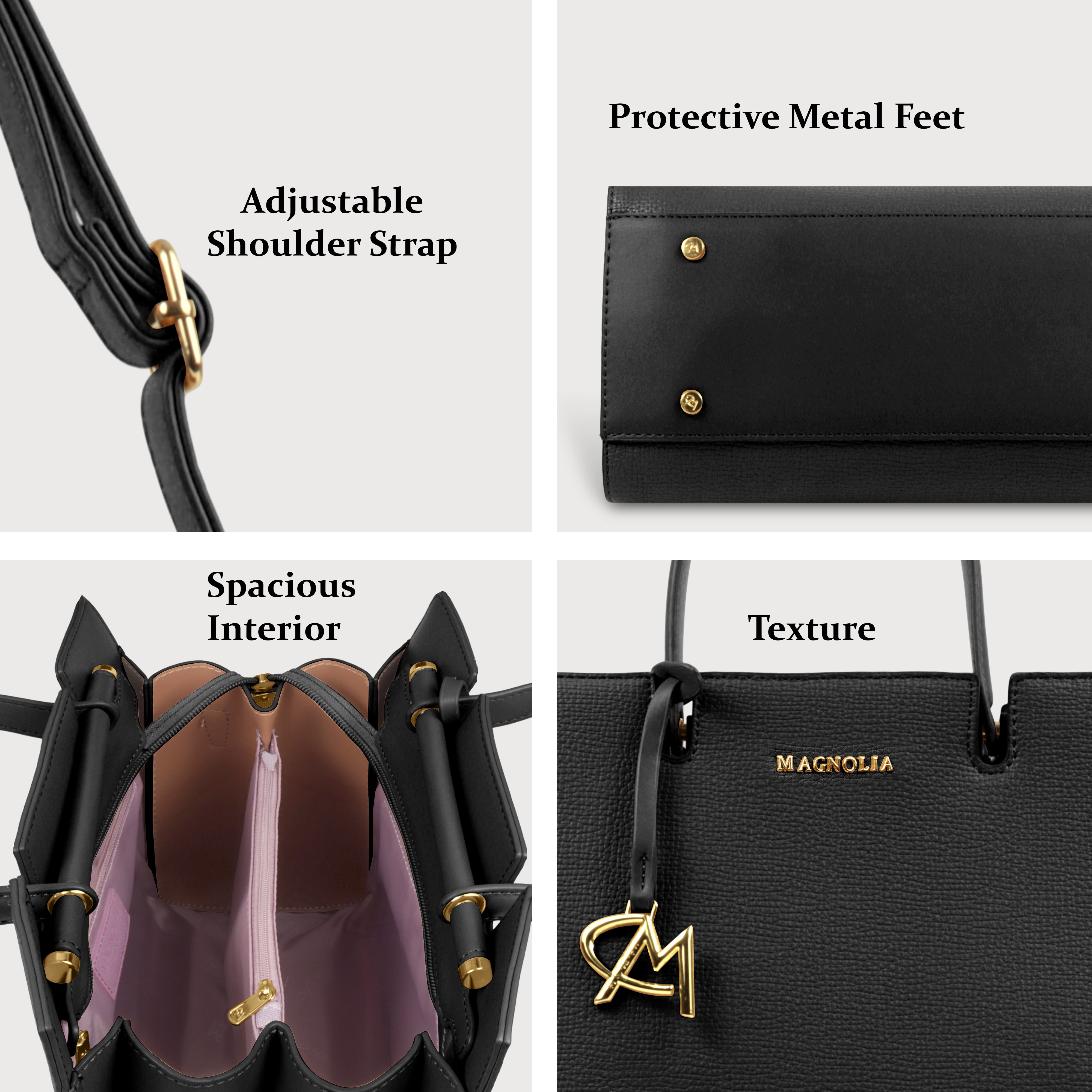 Magnolia Women’s Handbag – 9.5L Spacious Faux Leather Tote in Black