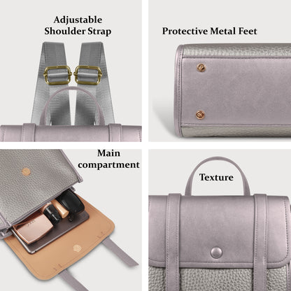Magnolia Silver Vegan Leather Backpack for Women | 10.5L Stylish Casual Daypack with Long Strap