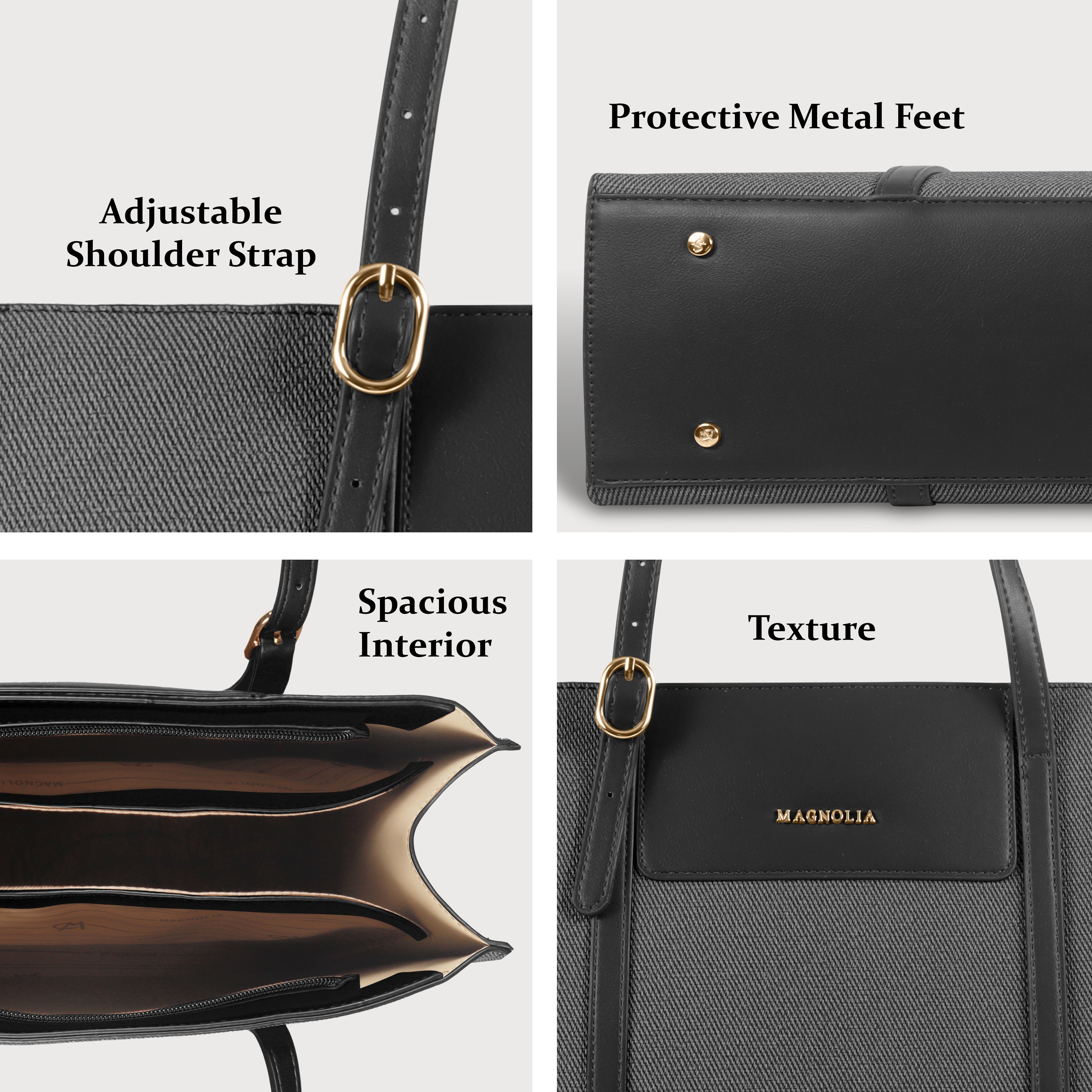 Magnolia Structured Black Tote Bag for Women | PU Leather & Fabric Combo | 12L Work & Everyday Handbag