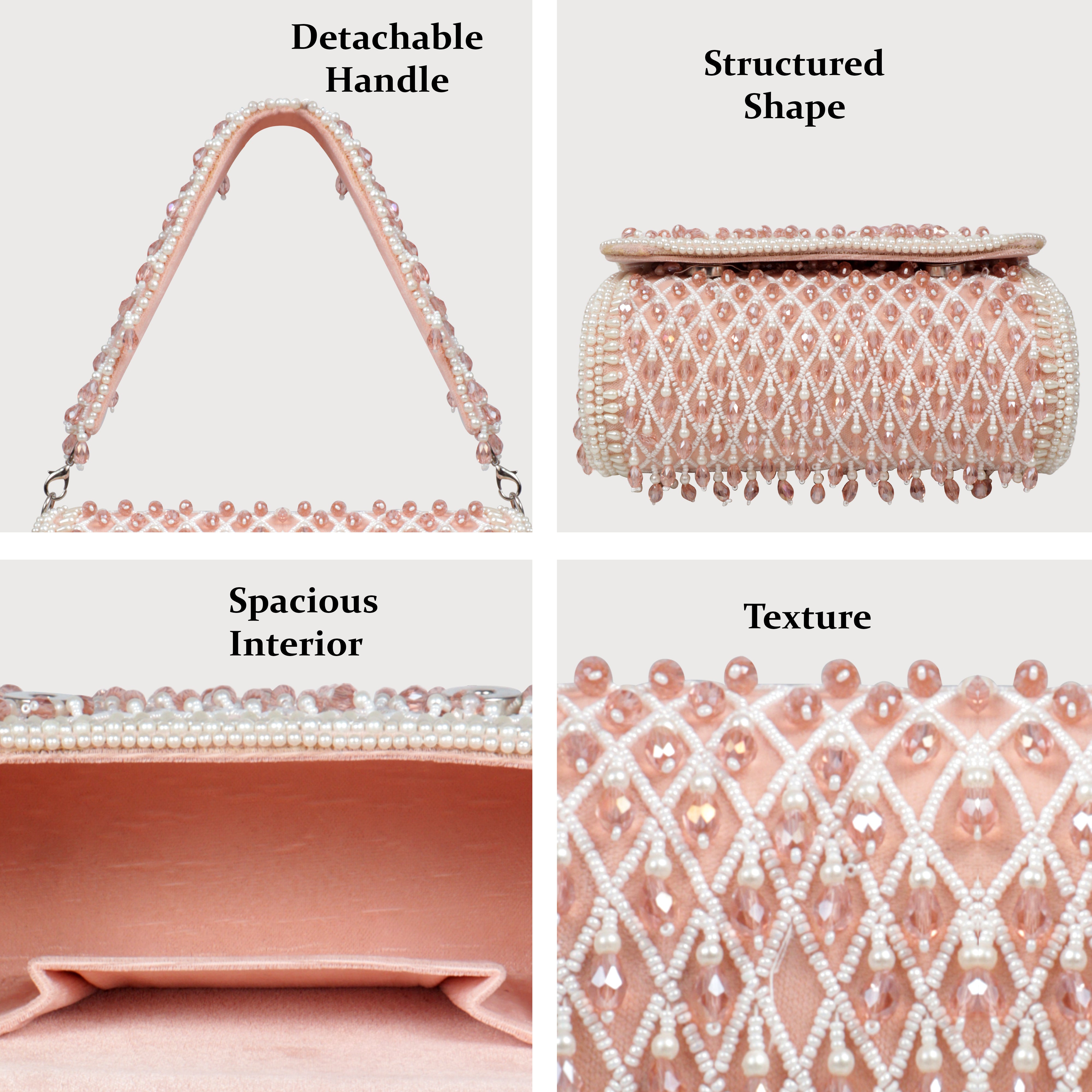 Magnolia Luxe Peach Pink Velvet Bridal & Party Clutch – Handcrafted Beaded Design, Detachable Handle, Spacious Interior