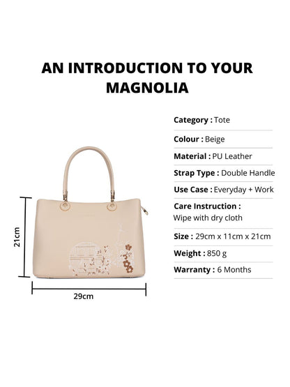 Magnolia Beige PU Leather Embroidered One Size Women Tote
