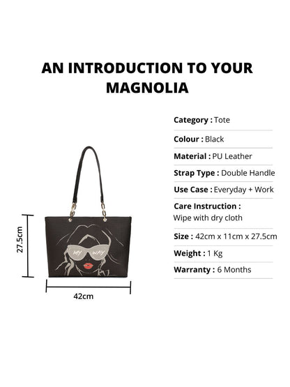 Magnolia Black PU Leather Printed One Size Women Tote