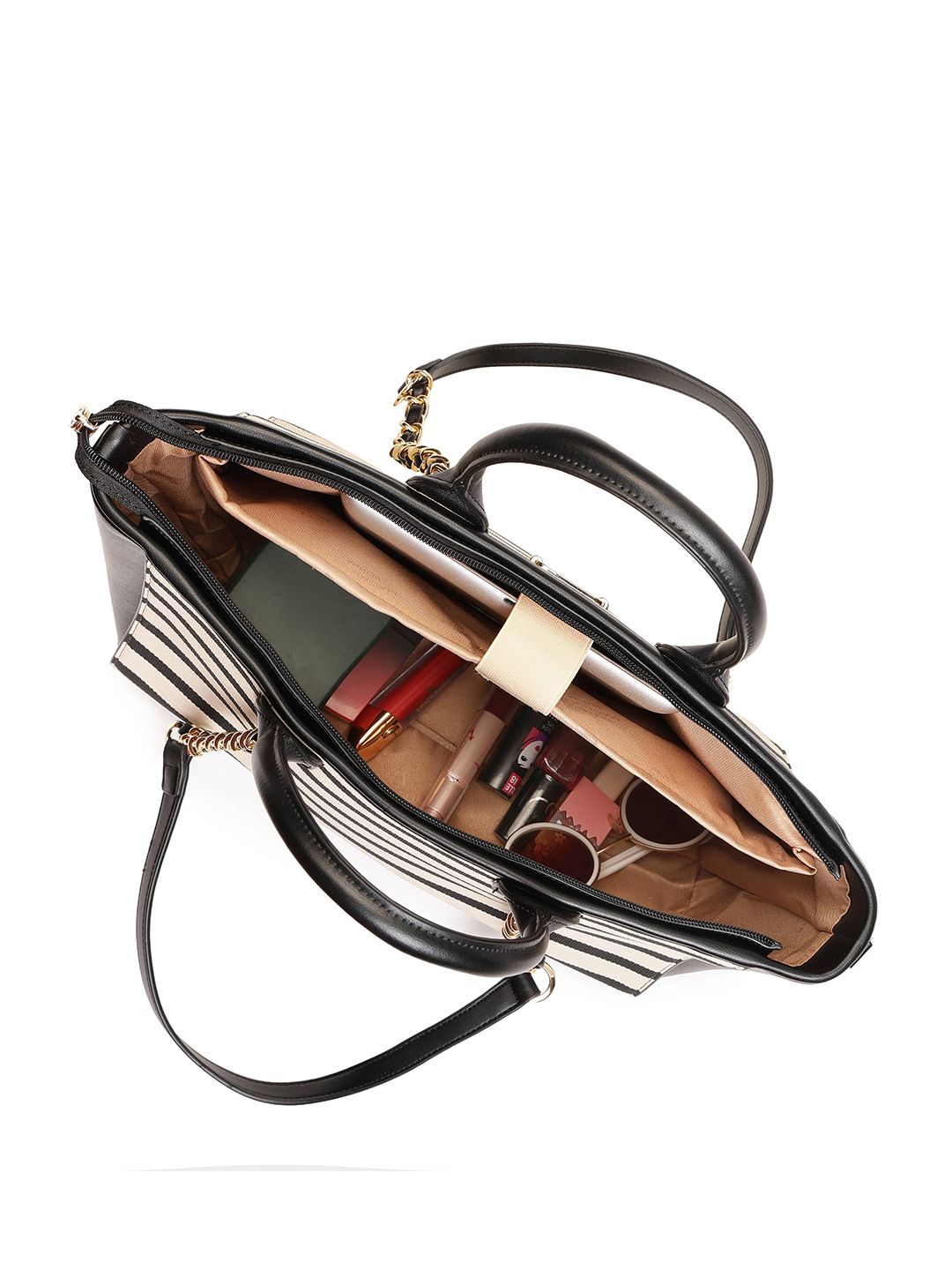 Magnolia PU Leather Women Striped Black Tote Bag