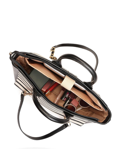 Magnolia PU Leather Women Striped Black Tote Bag