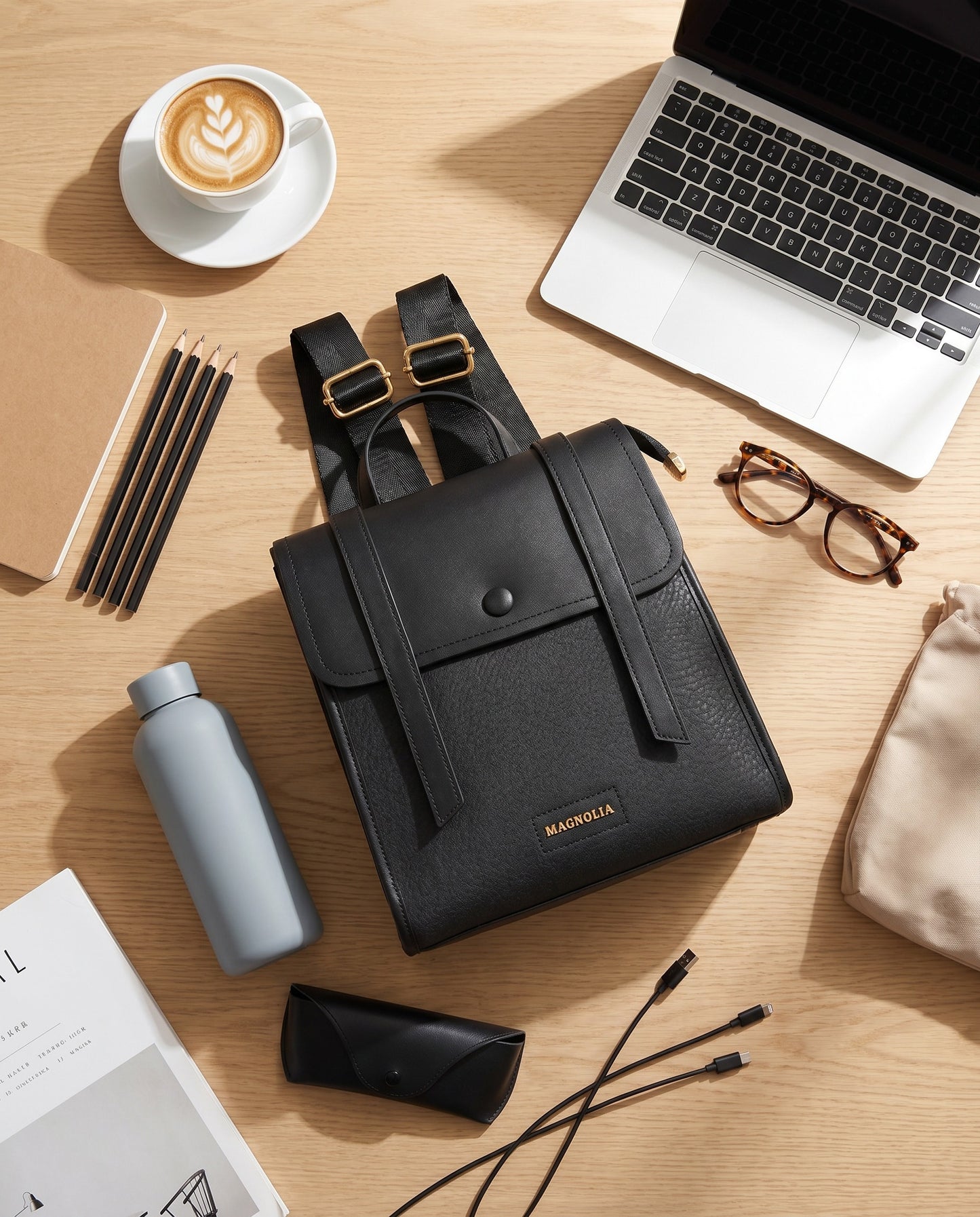 Magnolia Black Vegan Leather Backpack for Women | 10.5L Stylish Casual Daypack with Long Strap