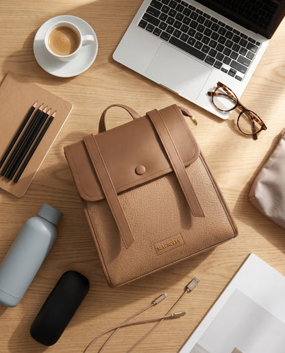 Magnolia Tan Vegan Leather Backpack for Women | 10.5L Stylish Casual Daypack with Long Strap