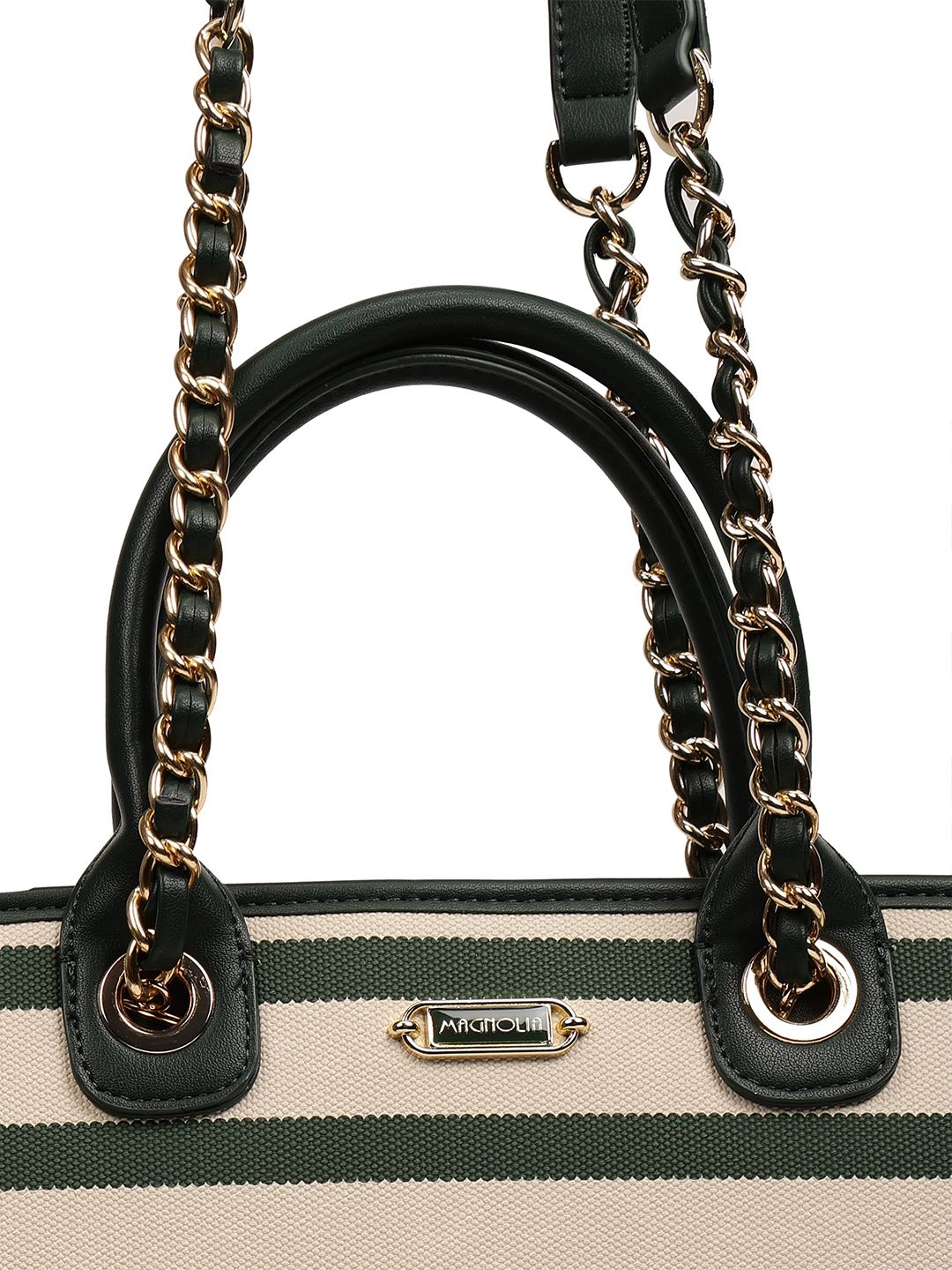 Magnolia PU Leather Women Striped Green Tote Bag