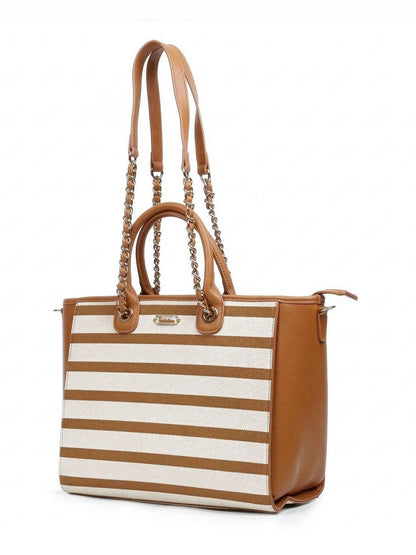 Magnolia PU Leather Women Striped Brown Tote Bag