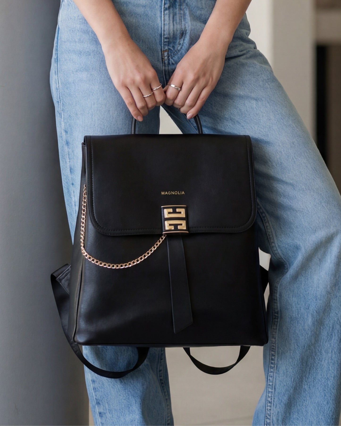 Magnolia Black PU Leather Solid One Size Women Backpack